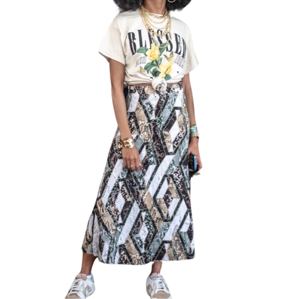 NWT H&M A-Line Skirt Abstract Geometric Snakeskin Diamond Circle Skater Size 4